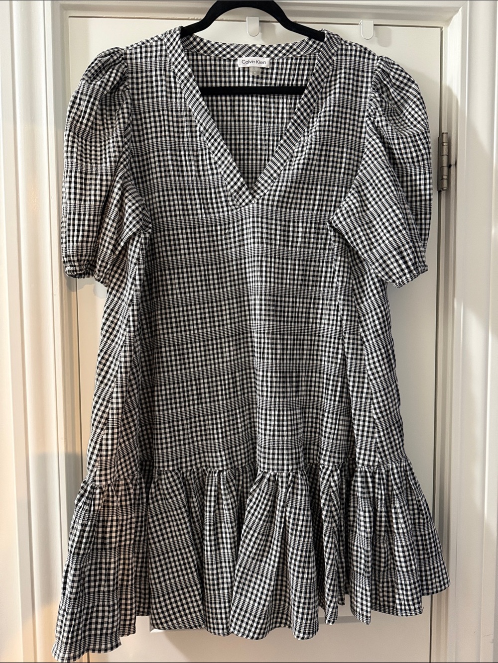 Calvin Klein Black and White Gingham Puff-Sleeve Dress